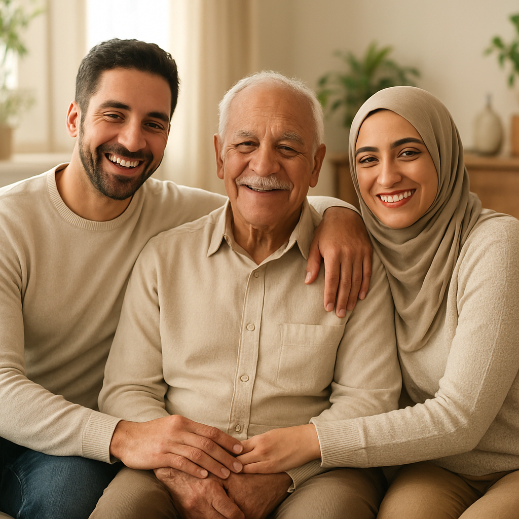 أسرة مطمئنة تجلس مع كبير السن داخل المنزل