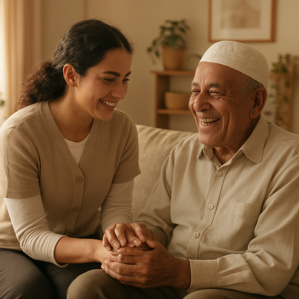 مقدمة رعاية تمسك يد كبير السن بحنان داخل المنزل
