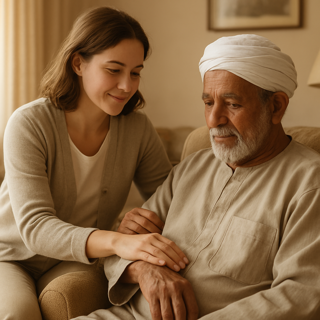 مقدمة رعاية تتابع كبير السن باهتمام داخل المنزل