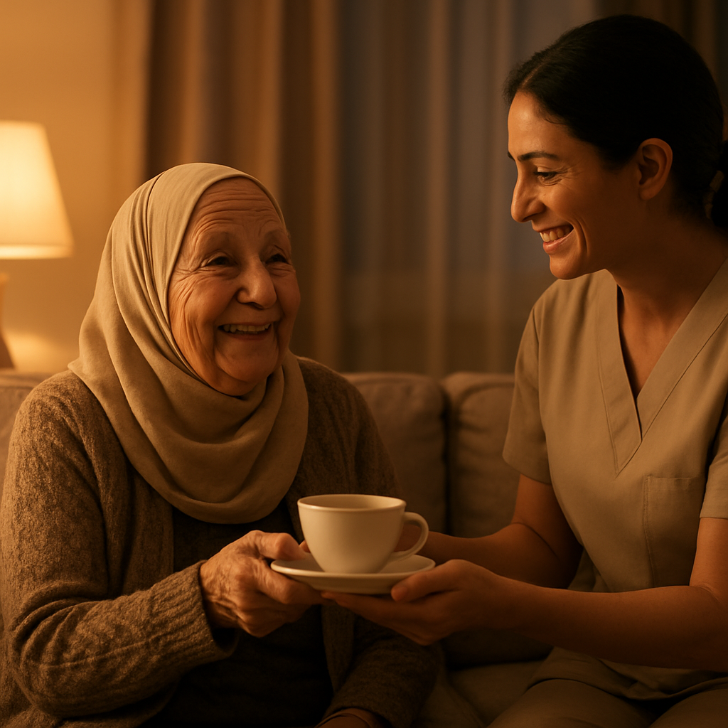 جليسة مقيمة تقدم الرعاية لكبيرة السن داخل المنزل في المساء